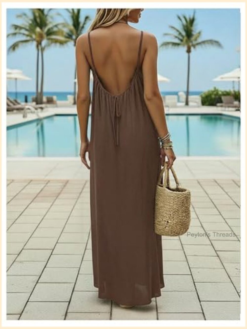 Open Back Spaghetti Strap Maxi Dress Loose Flowy Beach Sundress - Picture 3 of 6